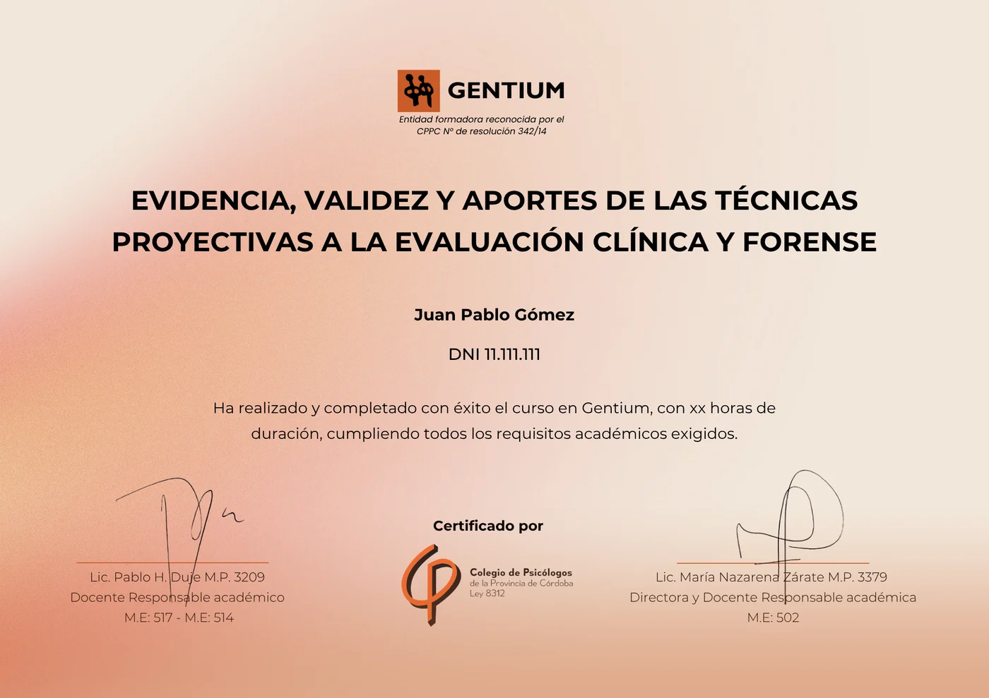 Certificado avalado por el Colegio de Psicólogos de la Provincia de Córdoba